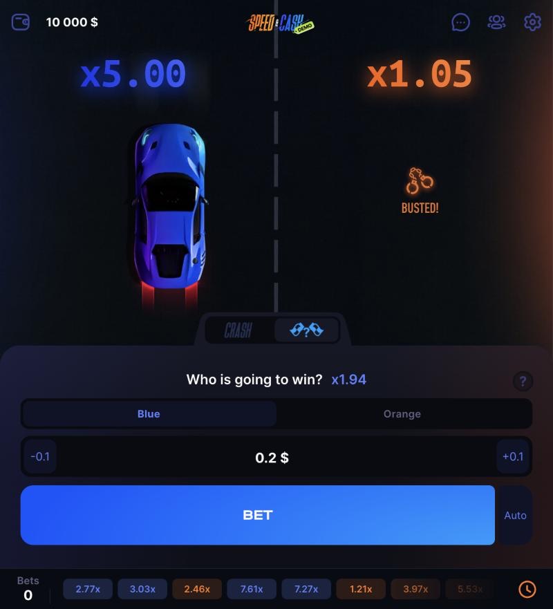 The Who is going to win mode in Speed n Cash with Blue and Orange buttons and a x1.94 payout